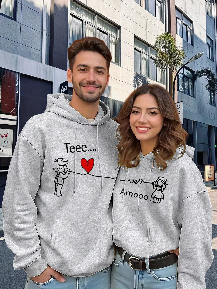1pc Couple'S Bestseller Thickened Hooded Loose Fit Coat With Geometric Love Design, Casual Wear, Front Pockets & Adjustable Hood For Men & Women - 女式灰色單件 - 查看 1