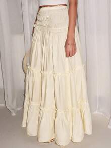 Plus Size Tiered Midi Skirt For Women- Buttery Soft Pleated Texture Fluted Hem, Women's Layered Lounge Skirt For Campus Walks, Living Room Moments Daily Comfort - White - View 3