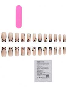 24 pezzi di adesivi per unghie quadrate di media-lunga lunghezza, motivo a strisce rosa e nero con coccodrillo, decorazione 3D floreale carina, adatto per uso quotidiano, appuntamenti e feste delle donne (con: 1 pezzo di colla gel e 1 lima)