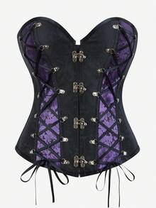 Áo nịt ngực Steampunk Gothic Colorblock Bustier không dây có xương Bodysuit cài nút phía trước cho nữ bó sát Overbust Corset buộc dây Masquerade Bandeau Bra Halloween - Màu tím - Xem 1