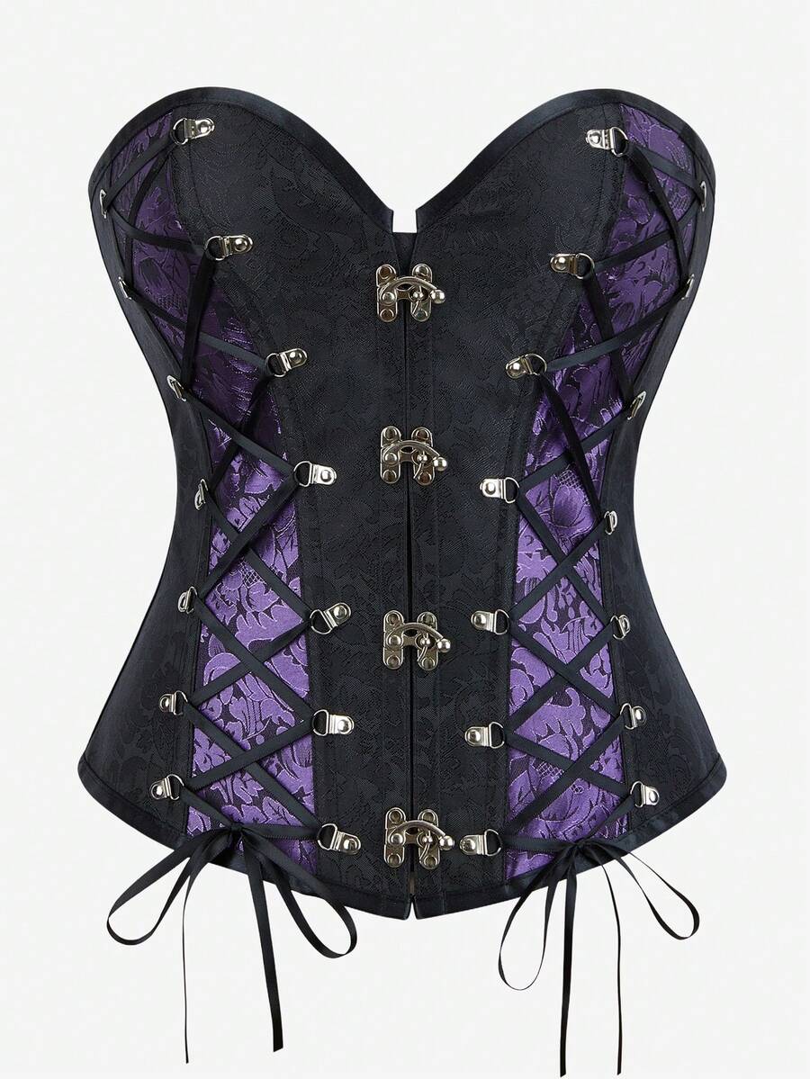 Áo nịt ngực Steampunk Gothic Colorblock Bustier không dây có xương Bodysuit cài nút phía trước cho nữ bó sát Overbust Corset buộc dây Masquerade Bandeau Bra Halloween - Màu tím - Xem 1