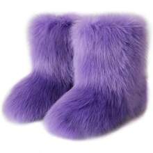 QMFUR Women's Furry Faux Fur Boots Fuzzy Fluffy Mid Calf Snow Boots Suede Warm Fur Lined Booties Flat Fashion Boots - Màu tím - Xem 1