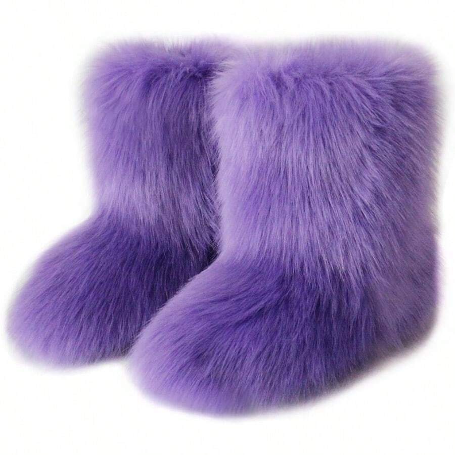 QMFUR Women's Furry Faux Fur Boots Fuzzy Fluffy Mid Calf Snow Boots Suede Warm Fur Lined Booties Flat Fashion Boots - Màu tím - Xem 1