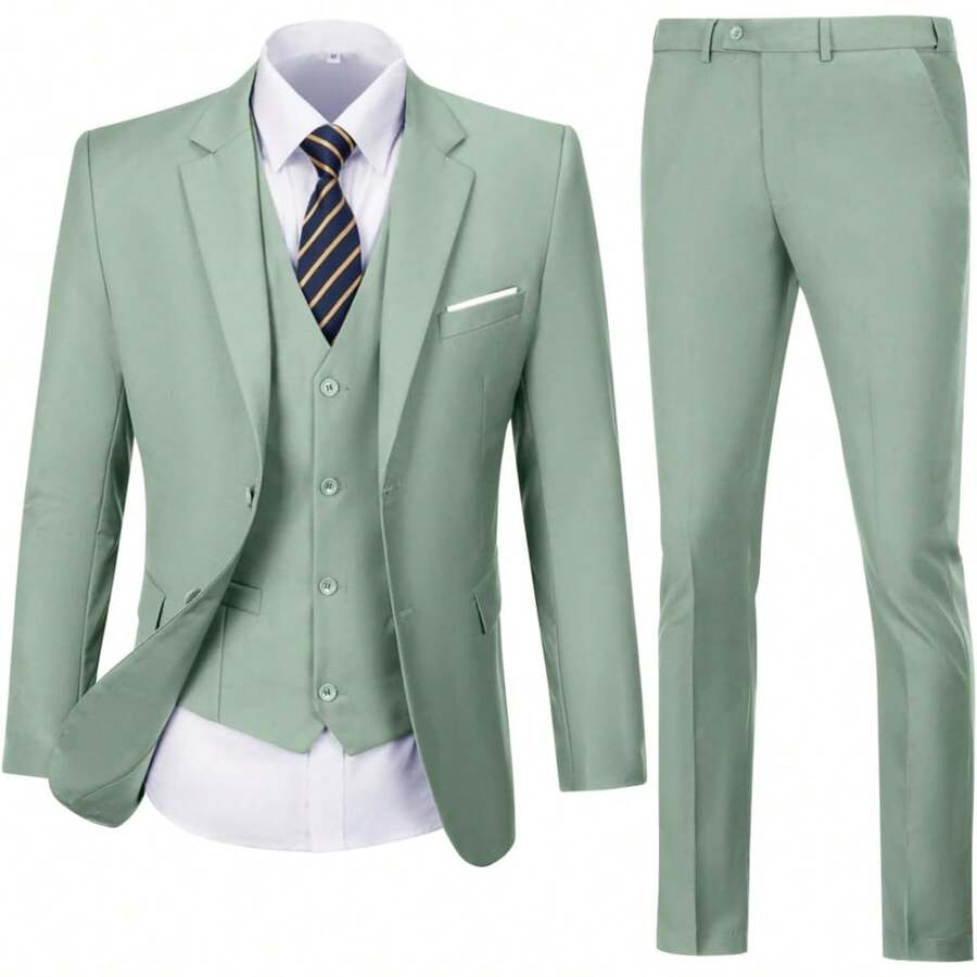 Mens Solid Two - Button Slim Fit 3 - Piece Suit Set For Wedding And Formal Business: Blazer, Vest, Pants - Cây xô thơm xanh - Xem 1