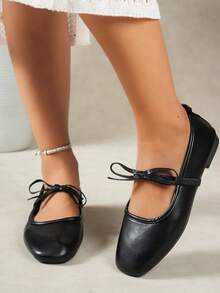 秋冬白色女式平底芭蕾平底鞋，蝴蝶结装饰和花卉刺绣，黑色透气镂空网眼夏季凉鞋，方头闪光宽版玛丽珍鞋 - 黑色 - 查看 2