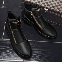 Casual Leather Ankle Boots, High-Top Shoes, Sneakers With Metal Eyelets, Side Zipper, For Daily Wear - Black - View 1