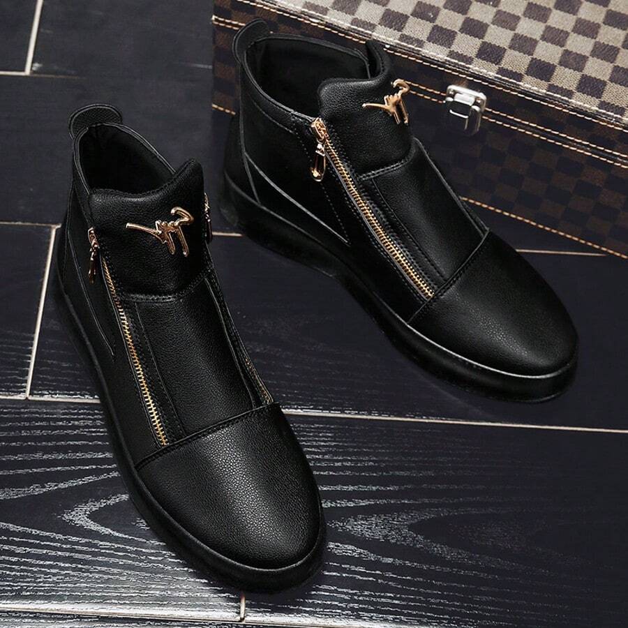 Casual Leather Ankle Boots, High-Top Shoes, Sneakers With Metal Eyelets, Side Zipper, For Daily Wear - Black - View 1