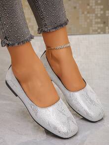 1 Pair Vintage Women's Slip-On Shoes, Embroidered Hollow Vamp, Rhinestone Flower Decor, Breathable Comfortable Soft Sole, Suitable For Parties, Dates, Dances, Parties, Casual, Beach, Resort, Indoor, Street, Campus Wear - Silver - View 3