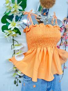 T109Crop Top With Straps And Ruffles - Coral Orange - View 4