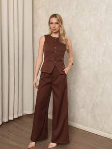 Women's Tailored Set Wide Leg Pant With Vest Elegant Casual Plain Social Simple Button Pocket Plain Women's Suit, High-Waisted Straight Casual Pants, V-Neck Cardigan, Sophisticated Look, High Quality, Modern Look, Versatile Piece, Elegant Style, Two-Piece Set, Casual Chic Look, Comfortable And Stylish, Skirt With Pockets, Elastic Waistband, Eye-Catching Piece, Perfect For Spring And Summer, Blogger Style, Casual And Formal, Suitable For All Occasions, Elegant And Fresh, Feminine Look, Summer 2025 Collection. - 鏽棕色 - 查看 3