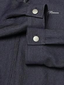 Lookun 刺繡字母純色復古男士夾克，時尚極簡日常通勤百搭拉鍊開襟衫，長袖翻領寬鬆版型春秋上衣 - 藏蓝色 - 查看 9