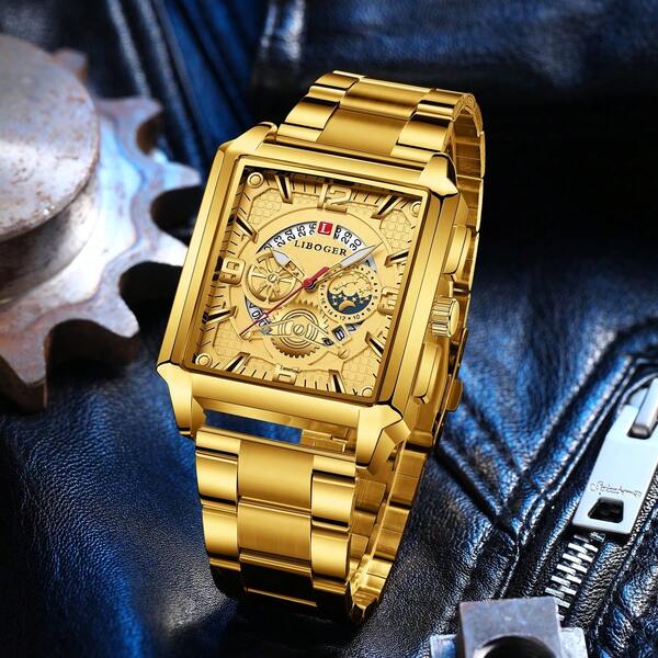 Neue Mode Herrenuhr mit großem Zifferblatt, goldenes rechteckiges Edelstahlarmband, Automatikdatum, Geschäftsmann Quarzuhr mit Kalender, Zeitgeschenk