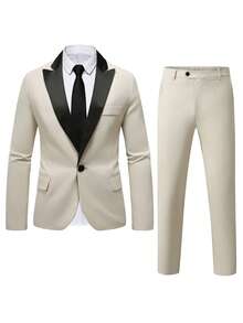 Men's Classic Contrast Color Suit Set, Including Jacket And Pants, Enjoy A Premium Wearing Experience, Suitable For Spring And Autumn - Beige - View 3