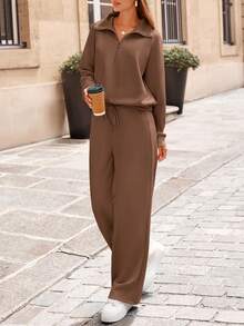 Women's 2 Piece Outfits Casual Lapel Half Zip Sweatshirts And Wide Leg Pants Tracksuit Sets Vacation Spring  Fall Outfits For Women - 棕色 - 查看 4