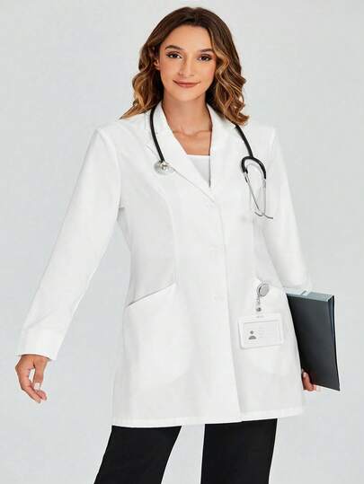 cimmuovere Plus Size Women's Turndown Collar Double Pocket Open Front Long Sleeve Scrubs Nurse Scrubs Workwear Dentist Healthcare Pet Hospital Laboratory Coat