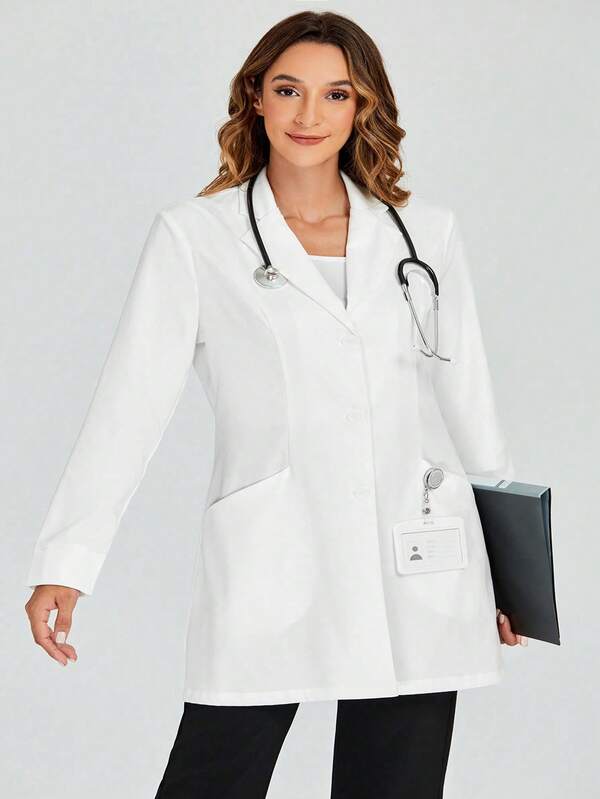 cimmuovere Plus Size Women's Turndown Collar Double Pocket Open Front Long Sleeve Scrubs Nurse Scrubs Workwear Dentist Healthcare Pet Hospital Laboratory Coat