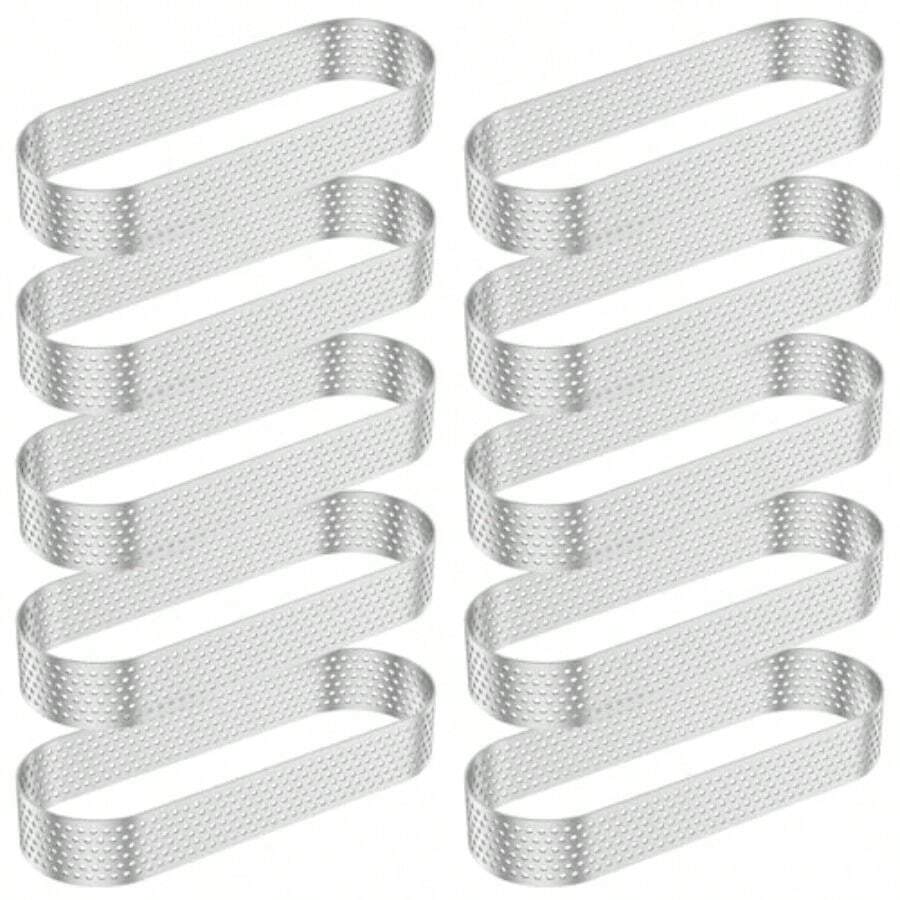 12 anillos ovalados de tarta anillo de acero inoxidable de 5 pulgadas molde de anillo antiadherente molde de anillo de tarta molde ovalado perforado molde de metal para pasteles de postre francés - Plateado - Ver 1