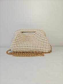 Handmade Woven Clutch Clip Closure Shoulder Bag Women's Fashionable Cute Makeup Bag Portable Hand Held Purse Versatile Iridescent Yarn Crochet Evening Bag - Multicolor - View 3