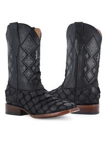 Bota Vaquera Hombre Piel De Pescado Natural Alta Calidad Cuero Auténtico Ajuste Perfecto Comodidad Superior Montura Equitación Invierno Estilo Urbano - Negro - Ver 5