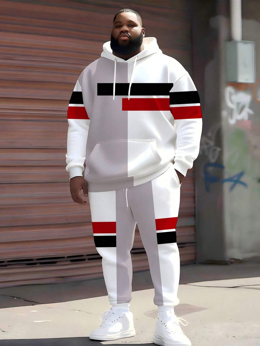 Bộ áo hoodie họa tiết sọc khối màu tương phản ZhuYa cỡ lớn dành cho nam, Bộ thể thao 2 món Xuân Thu Đông - Áo hoodie dáng rộng cỡ lớn có mũ trùm đầu + Quần nỉ có dây rút, Phong cách đường phố Hip Hop đa năng - Nhiều màu - Xem 1