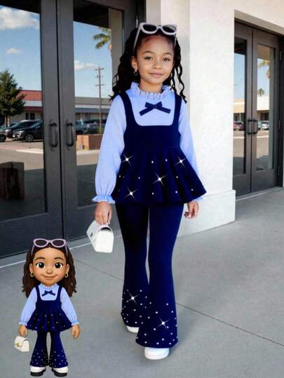 2pcs/Set Young Girl Fashion Casual 2 In 1 Striped Ruffle Collar Pullover Sweatshirt And Solid Color Elastic Waist Beaded Bell-Bottom Pants Set, Suitable For Daily, Home, And Outdoor Wear, Spring/Autumn