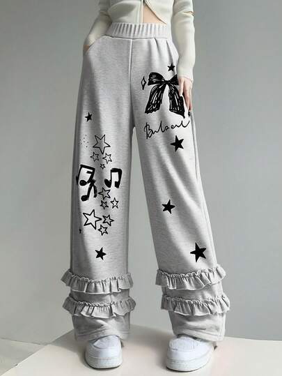 Tween Girl Casual Butterfly & Star Print Sweatpants, All Season