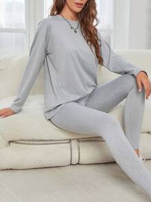 Women's Two Pieces Casual Women's Wear Simple Round Neck Long-Sleeved Top Leggings Suit Suitable For Home And Outing Sports Casual Suit - 淺灰色 - 查看 3