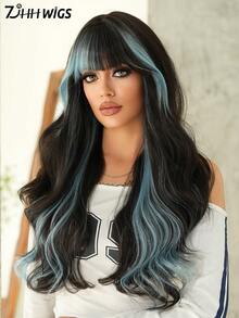 7JHH WIGS Long Wave Black & Blue Highlight Wigs For Women - Loose Fluffy Wavy Curly Wig With Bangs, Full Machine High Density Synthetic Heat Resistant Fiber Hair Purple Red Wigs For Daily Wear,Halloween Cosplay & Music Festival Party Use 26 Inch - 挑染藍色 - 查看 4