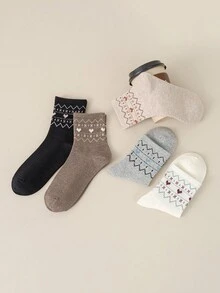 5 Pairs Vintage Fair Isle Heart Socks, Casual Versatile College Style Sports Mid-Calf Socks, Comfortable Soft Socks Suitable For Daily Casual, Sports, Home, Commute, Party, Gifts, Suitable For All Occasions And Seasons, Valentine's Day And Eid Gifts, Cute Heart Socks For Spring, Summer, Autumn, Winter - Multicolor - View 4