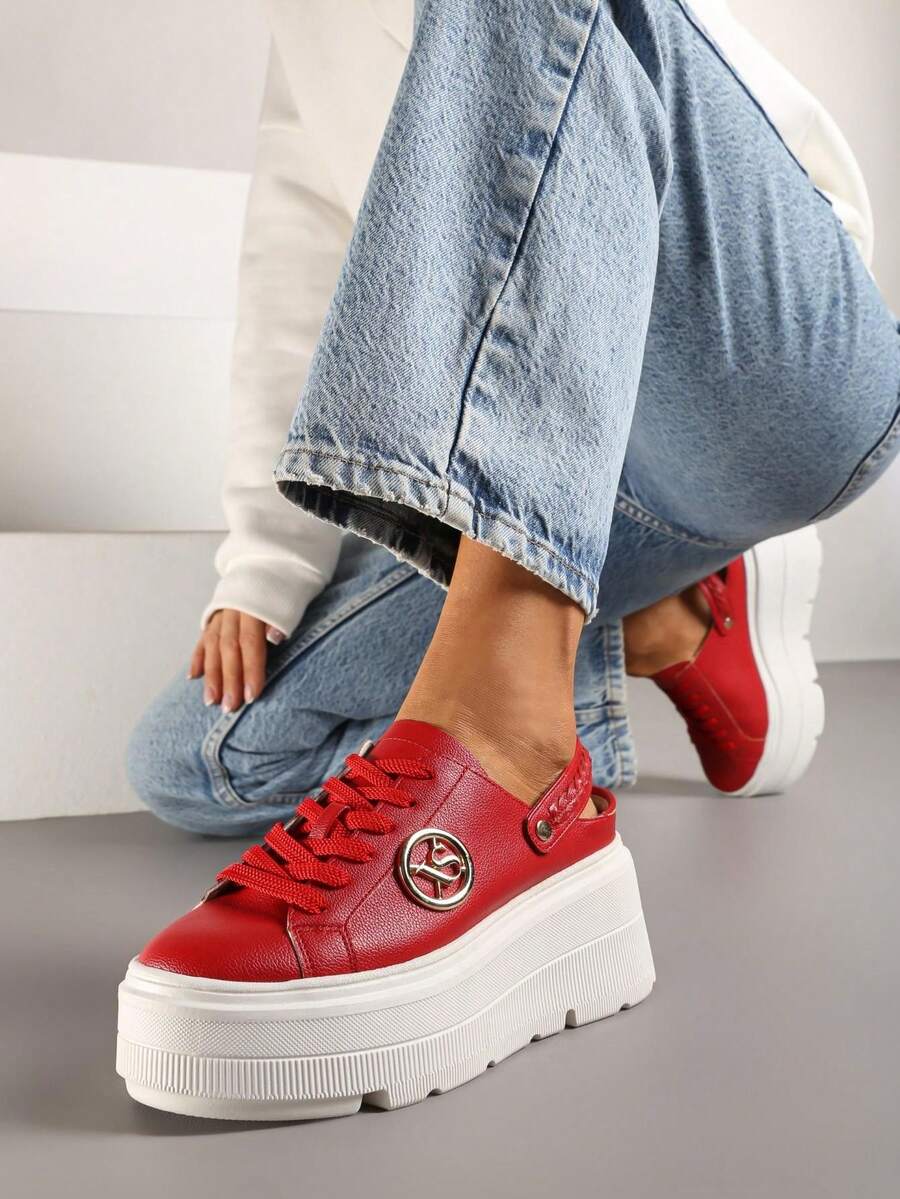 女士休闲豹纹厚底运动鞋，春秋季款 - 紅色 - 查看 1