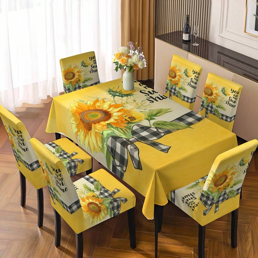 2/4/6/5/7 Pcs Sunflower Plaid Yellow Tablecloth And Chair Cover Set, 4 Pcs (4 Chair Covers), 6 Pcs (6 Chair Covers), 5 Pcs (1 Tablecloth + 4 Chair Covers), 7 Pcs (1 Tablecloth + 6 Chair Covers), Suitable For Indoor/Outdoor, Home Gatherings, Holiday Table & Chair Decor, Reusable - Multicolor - View 1