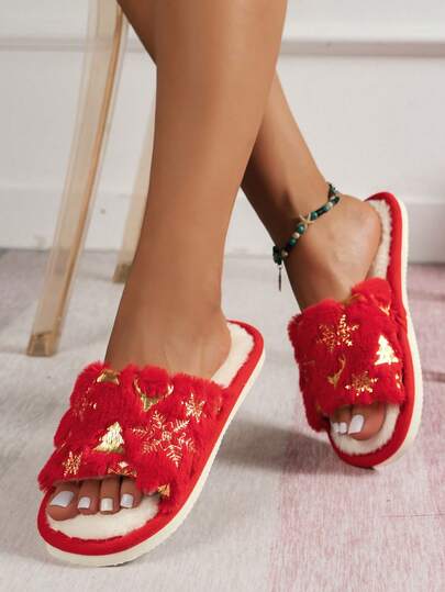 秋冬圣诞女士露趾拖鞋，保暖室内家居拖鞋，圣诞节假日礼物拖鞋，毛绒拖鞋，新年穿搭