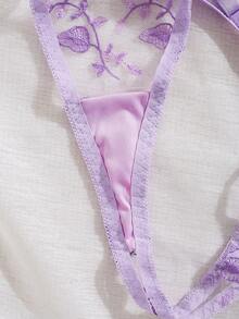 Floral Embroidered Sheer Mesh Bra Set, Adjustable Strap Lingerie Set, Seductive Transparent Alluring Bra Set, Intimate Valentine's Day Gift - Purple - View 7