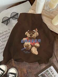 Young Boy Yongboy Casual Cute Graffiti Teddy Bear Graphic Letter Print Fleece Sweatshirt - Coffee Brown - View 1