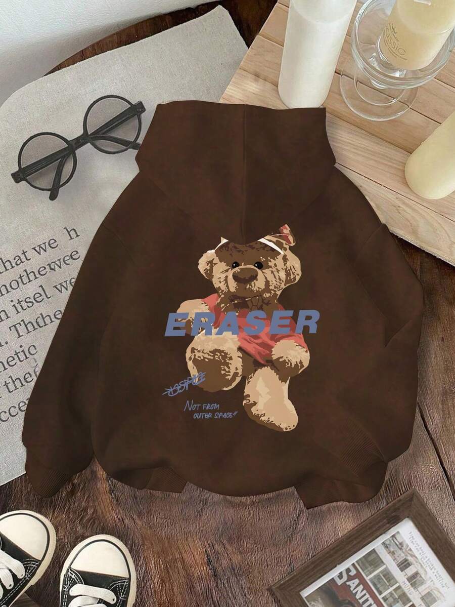 Young Boy Yongboy Casual Cute Graffiti Teddy Bear Graphic Letter Print Fleece Sweatshirt - Coffee Brown - View 1
