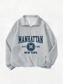 女士秋冬新款简约吸睛美式纽约城市英文印花休闲半高领拉链卫衣，时尚百搭 - 深花灰 - 查看 10