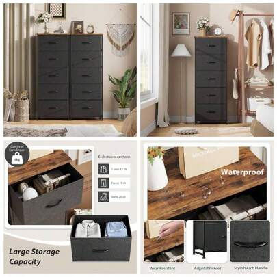 Chest Of Drawers, 5 - Drawer Tall Dresser Bedroom, Wood Top, Sturdy Steel Frame, Chest Of Drawers Closet, Hallway, White Leather