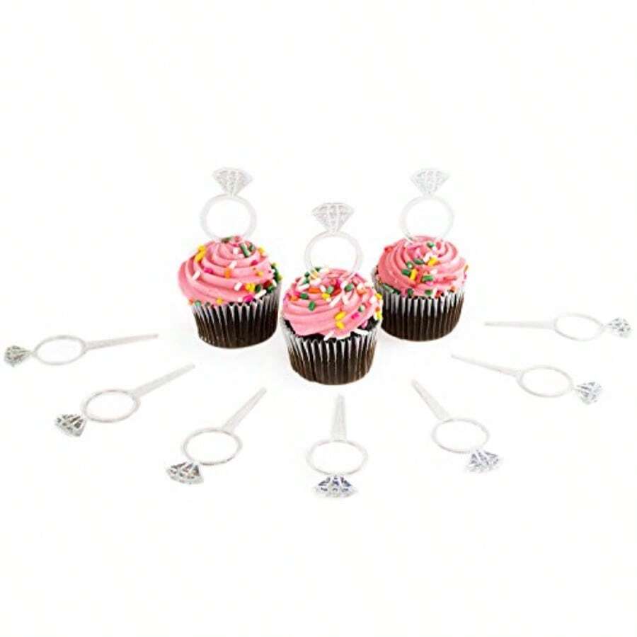 Super Z Outlet Plastic Acrylic Clear Glitter Diamond Design Engagement Ring Cupcake Toppers for Bridal Shower Wedding Table Cake Decorations Party Supply Favor Accents Arts and Crafts 24 Pack - como en la foto - Ver 1