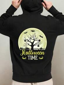 Men's Gothic Halloween Hooded Sweatshirt - Black & Yellow Spooky Bats,, Jack-O'-Lanterns & Tombstone Graphic Pullover - Machine Washable Hoodie With Back Print - Regular Fit Long Sleeve Streetwear,Fall Hoodies,Men's Fall Clothes,Street Wear,Halloween,Mens Hoodies,Y2k Clothes,Jesus Hoodie,Thanksgiving Day,Nightmare Before Christmas,Christmas - Black - View 1