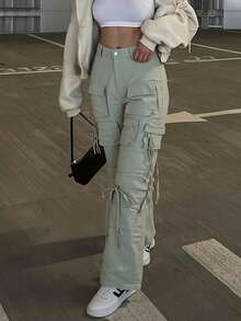 Women's Long Loose Fit Polyester Cargo Pants With Pockets And Zipper Fly, Non-Stretch Summer Casual Trousers For Everyday Wear