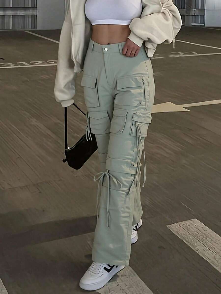 Women's Long Loose Fit Polyester Cargo Pants With Pockets And Zipper Fly, Non-Stretch Summer Casual Trousers For Everyday Wear