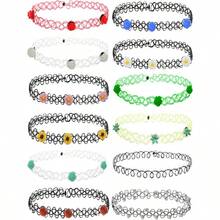12PC Tattoo Choker Necklace For Women 90s Choker Necklaces Y2K Fashion  Vintage Emo Black Choker Rainbow Pink White Purple Neon Green Blue Daisy Flower - 黑色彩虹紅色 - 查看 2