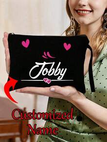 1pc Customizable Heart Pattern Makeup Bag With Personalized Name, Storage Pouch, Charming New Year Gift - Black - View 10