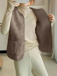 女式纯色羊羔绒双口袋单排扣休闲背心夹克，秋冬