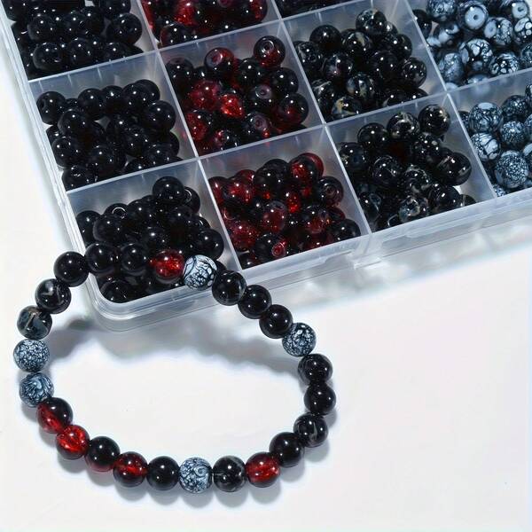 طقم صنع المجوهرات DIY المكون من خرز دائري من الأكريليك والزجاج بأقطار 4مم/6مم/8مم/10مم، بتصميمات نجمة وزهرة، خرز فضي مزيف، مناسب لصنع أساور الصداقة والمجوهرات الأنيقة (أبيض، أسود، متعدد الألوان)