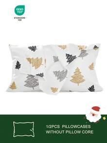 1/2 piezas Fundas de almohada impresas con motivos navideños sin relleno, fundas de almohada de tela suave, opciones de patrones de árbol de Navidad de dibujos animados, suaves y transpirables, amigables con la piel y cómodas, textil para el hogar acogedor, adecuado para ropa de cama del hogar y dormitorio escolar, funda de cojín para sofá, decoración navideña, decoración de habitación, regalo de Navidad, Oeko-Tex