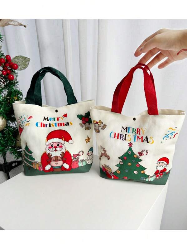 Christmas Gift Bag Canvas Tote, Merry Christmas Printed Reusable Shopping Bag With Handles, Festive Santa Tree Pattern Gift Bag For Christmas Presents, Party Favors & Holiday Decor