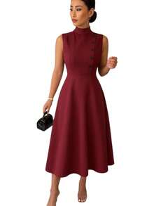 Women's Elegant Evangelical Sleeveless Midi Dress, High Neck With Side Buttons, Chic Tailoring, Casual And Party Wedding Dress - 酒紅色 - 查看 2