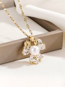 1 Bộ dây chuyền và hoa tai mặt dây chuyền ngọc trai giả Cubic Zirconia bằng thép không gỉ dành cho nữ, Bộ trang sức cá nhân hóa sang trọng đa năng, Lựa chọn quà tặng tuyệt vời, Không có hộp quà tặng - Vàng - Xem 2
