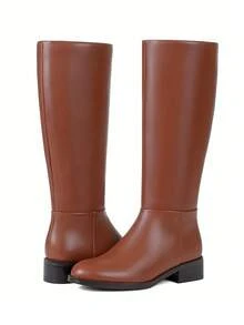 Women's Knee High Boots Round Toe Flat Wide Calf Long Boots Riding Boots Knight Boots Side Zipper Suitable For Outdoor Commuting Office - Brown - View 4
